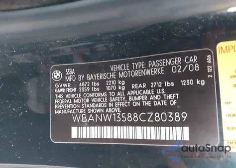 2008 BMW 535I из США, поврежденный, VIN WBANW13588CZ80389